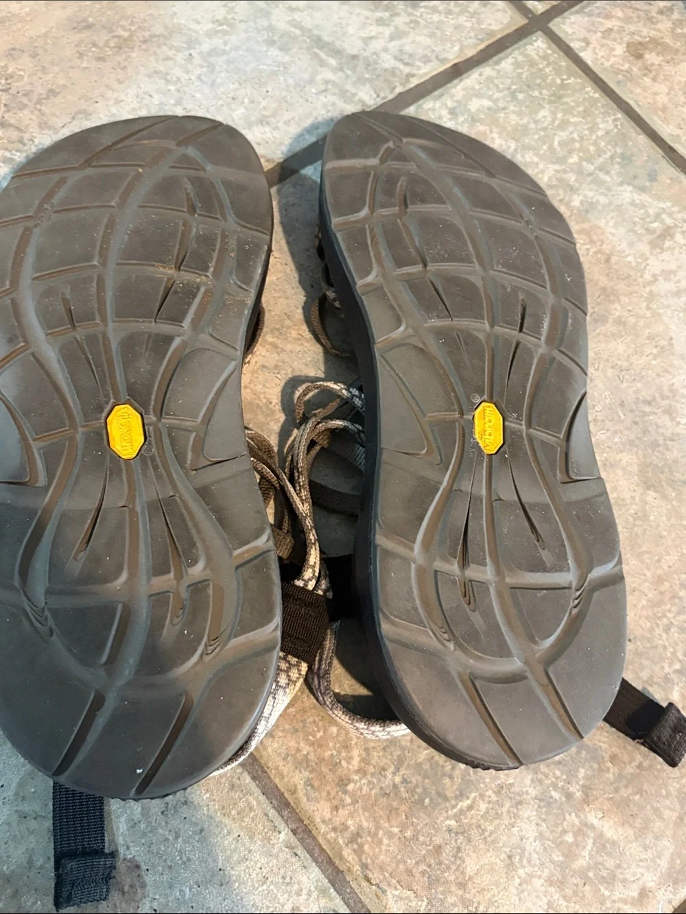 Womens Chaco Black Sandals with Beige and grey Patterned Straps